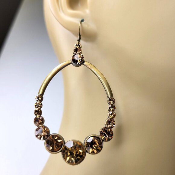 Gold Amber Rhinestone Large Oval Earrings - Picture 9 of 11